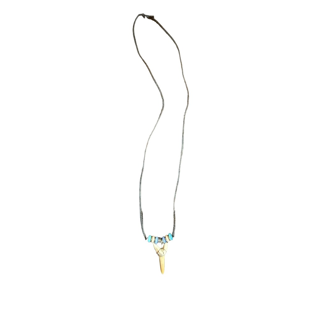 Shark Tooth Pendant Necklace Boho Surf Style Beaded Black Cord Fossil Jewelry